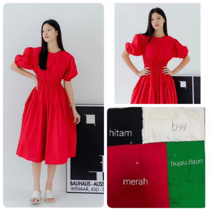 RENY DRESS COTTON POPLIN PINGGANG KARET / DRESS NATAL MERAH HIJAU PUTIH