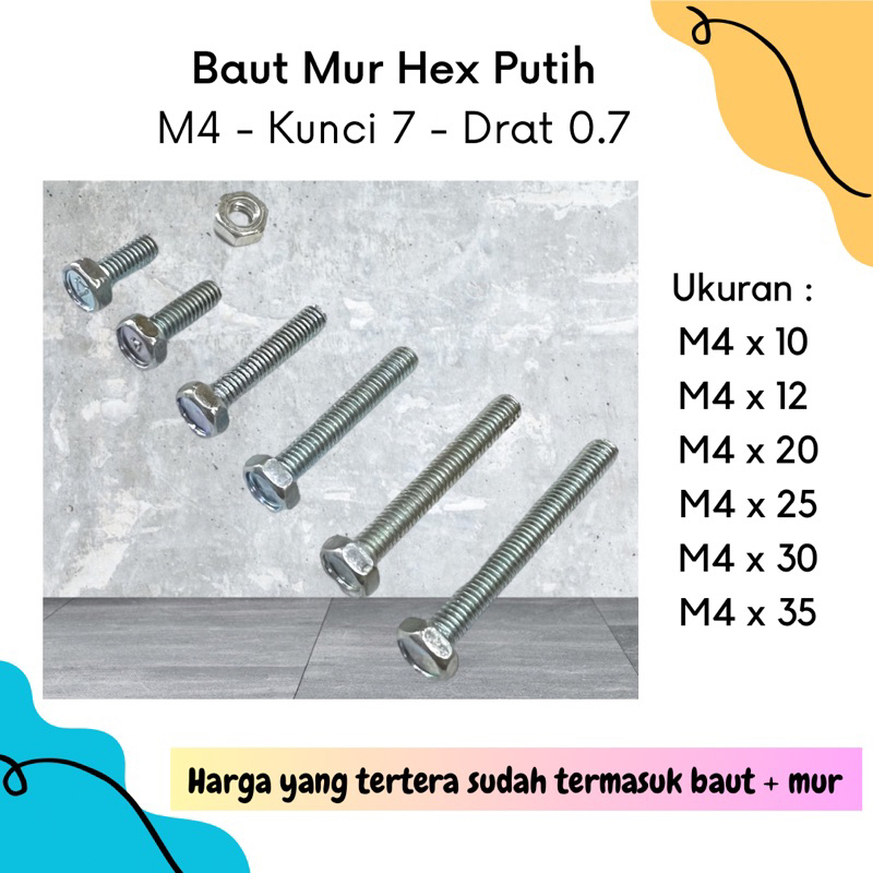 Baut Mur Hexagon Putih M4 Kunci 7 Drat 0.7 | Baut Mur Hex M4 | Baut Mur Hex Kunci 7 | BMP M4 Kunci 7