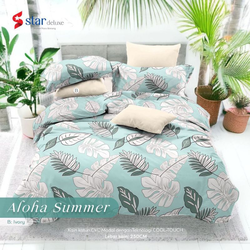 SPREI DAN BEDCOVER 1 SET UK 160X200 MOTIF ALOHA BIRU