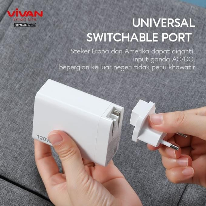Adaptor Charger Vivan Gan03 120W 3 Port Quick Charging Universal Ori