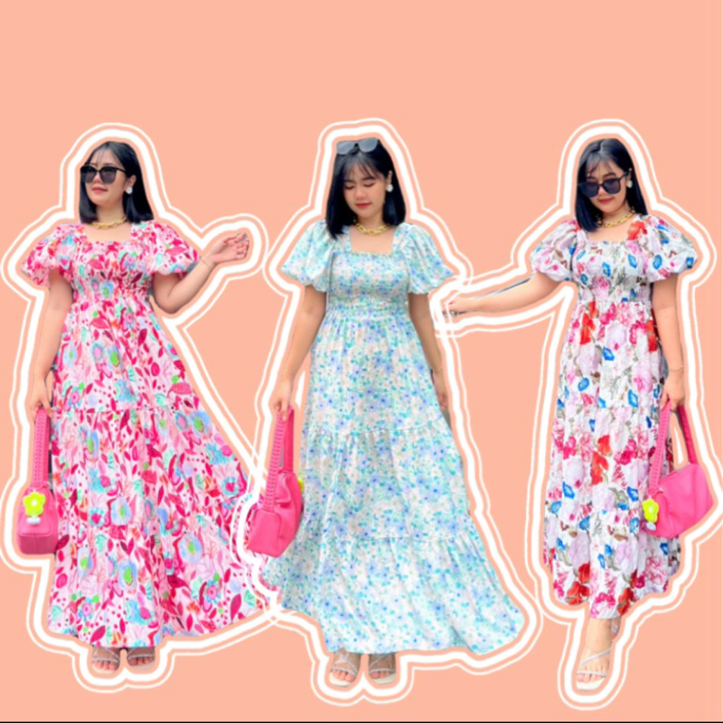 long dress tunik motif bunga maxi midi wanita import bangkok murah