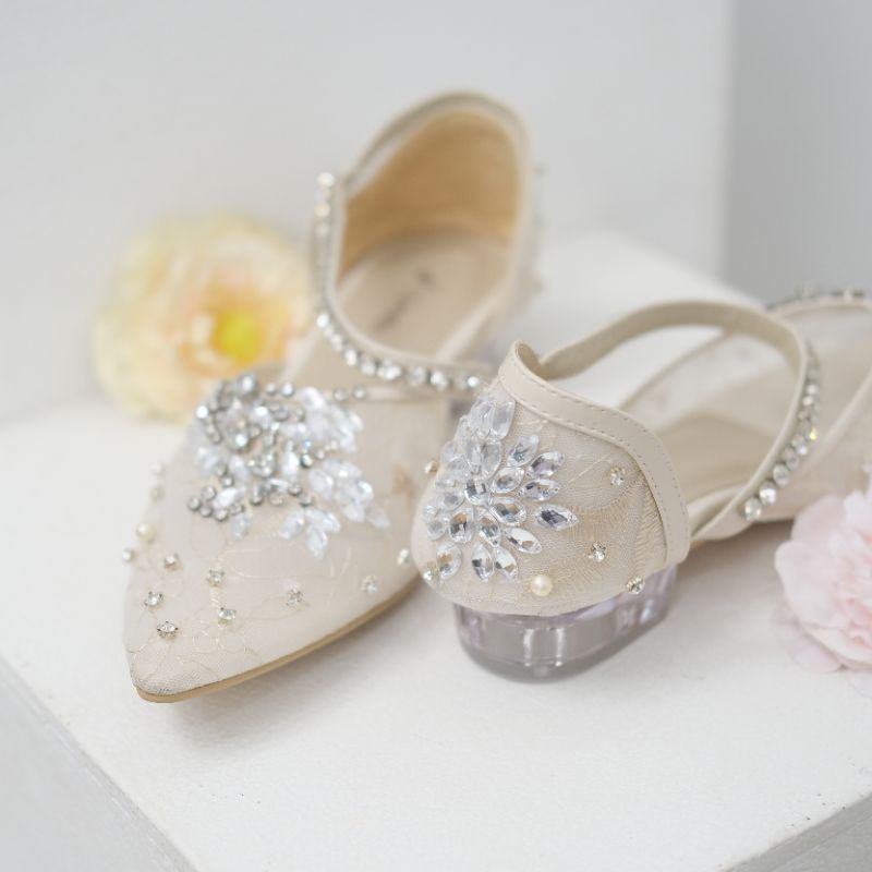 Syhafira - Quinsha Sepatu pesta Sepatu Wanita Hak Kaca 3cm Cream
