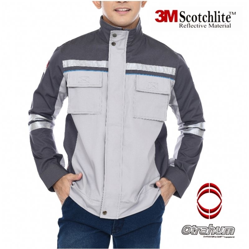 OTRAHUM Jaket Wearpack Safety Model Semi Resleting Depan Front Zipper Jaket Abu Muda-Abu Tua Reflect