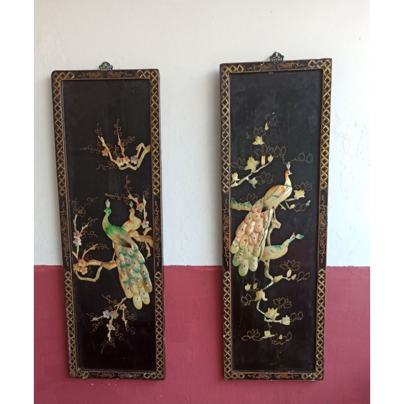 Pajangan Vintage Sepasang(2pcs)sketsel tua Oriental Merak antik T:92cm