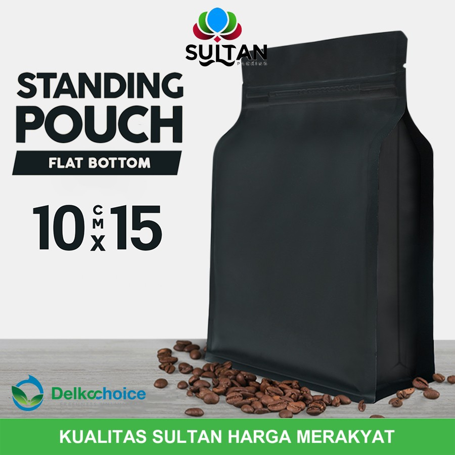 STANDING POUCH ZIPLOCK METALIZE HITAM FLAT BOTTOM DELKOCHOICE 10X15