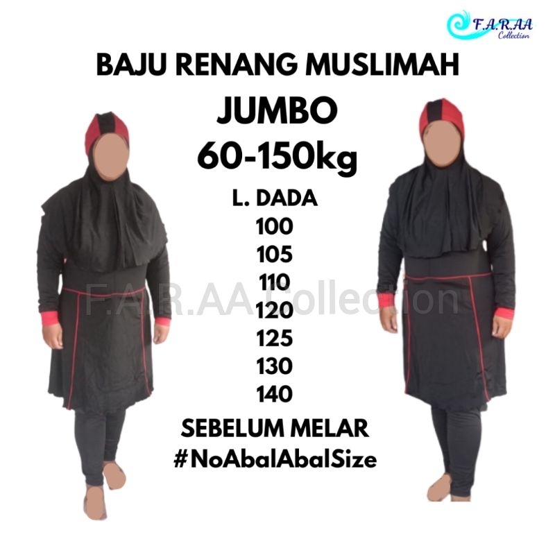 BESTPROMO JUMBO (60-150KG) BAJU RENANG MUSLIMAH BIGSIZE WARNA POLOS LD 140 130 120 110 100 XL 3XL