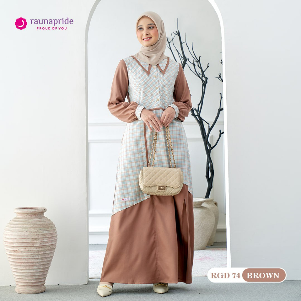 Rauna-RGD 74 Brown Cotton Gaza Gamis Wanita Dewasa Polos Kombinasi Kotak Cute Semi Formal Trendy Casual Kekinian Hajatan Pesta Undangan Kondangan Dress Muslimah Akhwat Remaja Terbaru OOTD