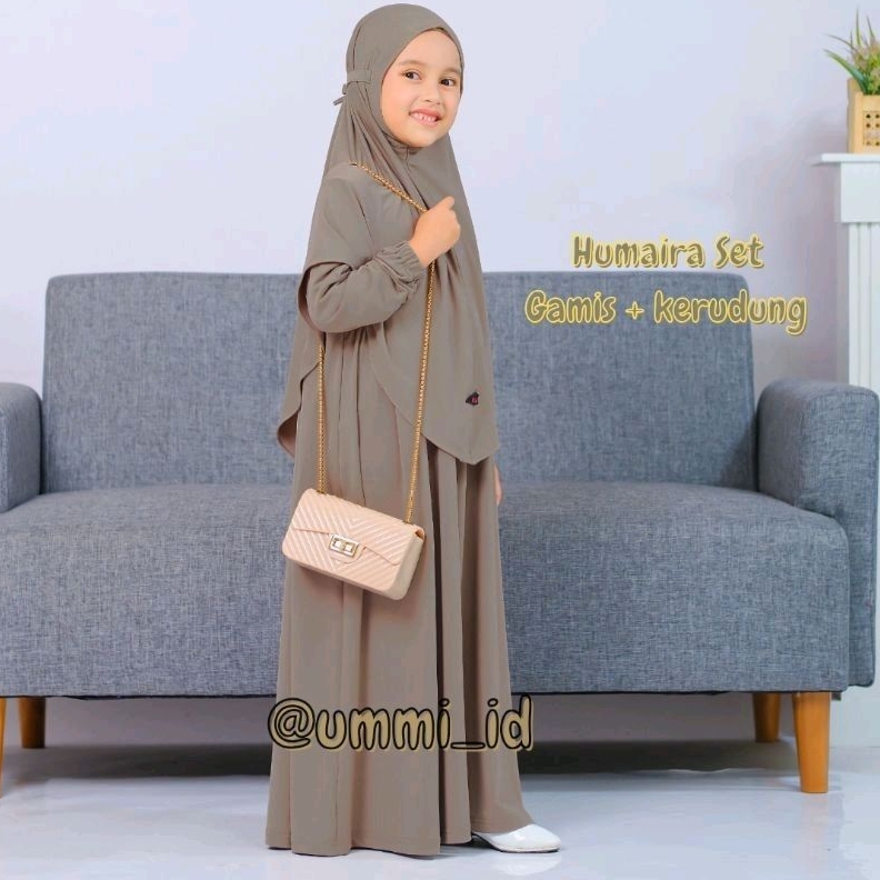 Ummi - Setelan Baju gamis  syari anak perempuan Polos Humairah warna smoke usia 3-11Tahun
