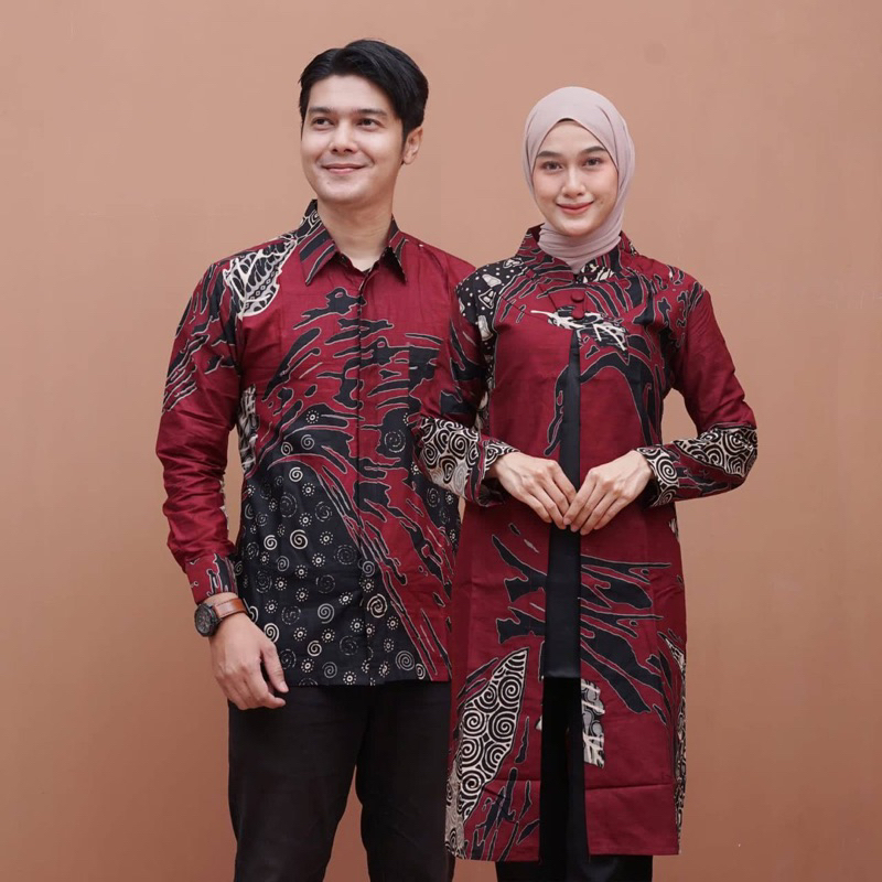 Couple Tunik Batik Kemeja Batik Pria Lengan Panjang Tunik Batik Wanita - Atasan Batik Pria Bahan Kai