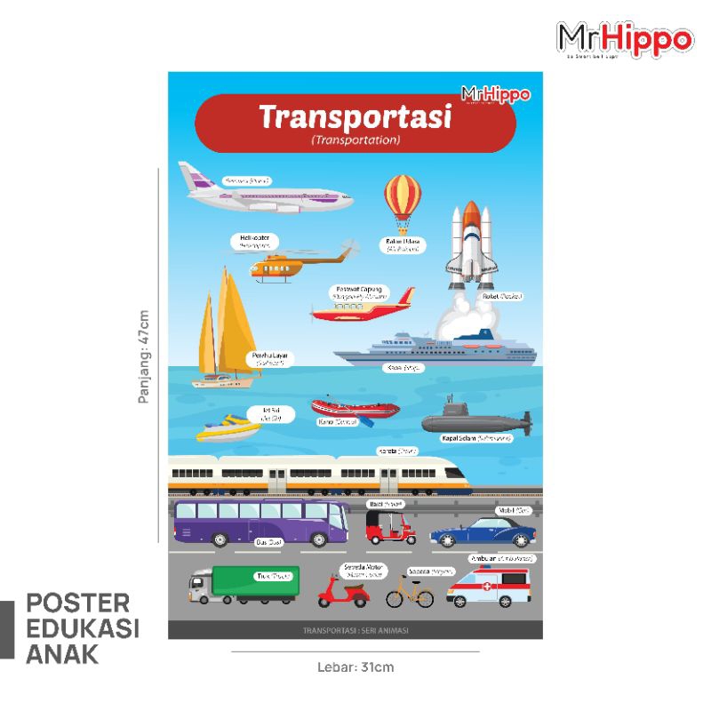 mrhippo poster edukasi belajar mengenal transportasi poster transportasi poster pembelajaran anak