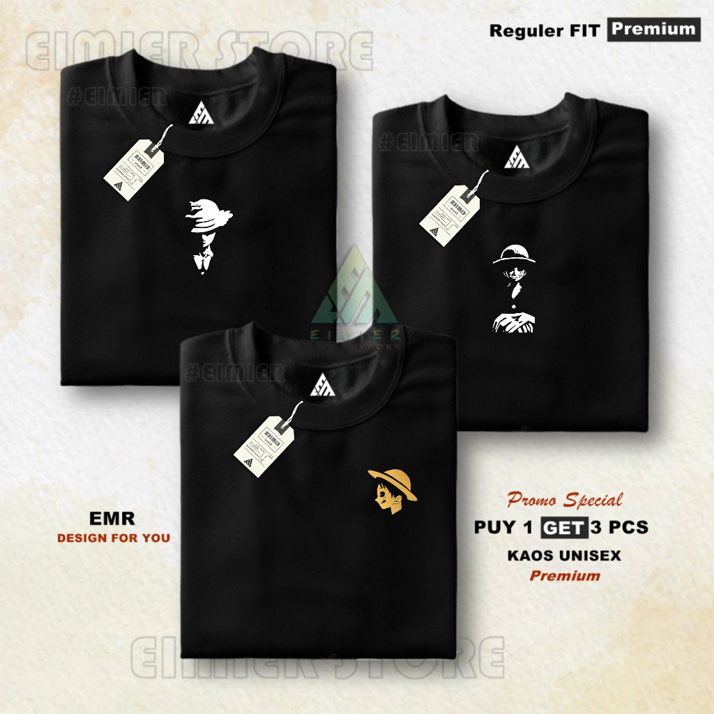 BUY 1 GET 3 EIMIER STORE KAOS PRIA DISTRO KATUN COMBED 30S PREMIUM LUFFY TOPI JERAMI ANIME ONE PIECE