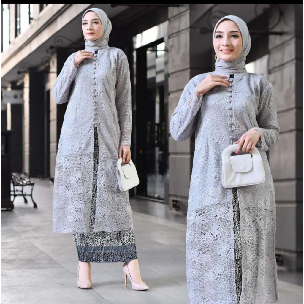Setelan  Tunik Modern Terbaru Tunik Brokat Kancing Depan Buat Wisuda Lamaran Kondangan Warna Hitam T