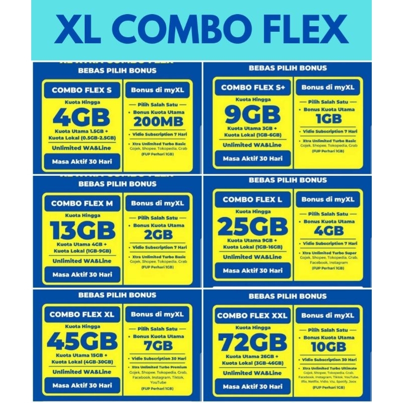 Kuota XL Unlimited XTRA COMBO FLEX S,S+,M,L,XL,XXL, dan XXL