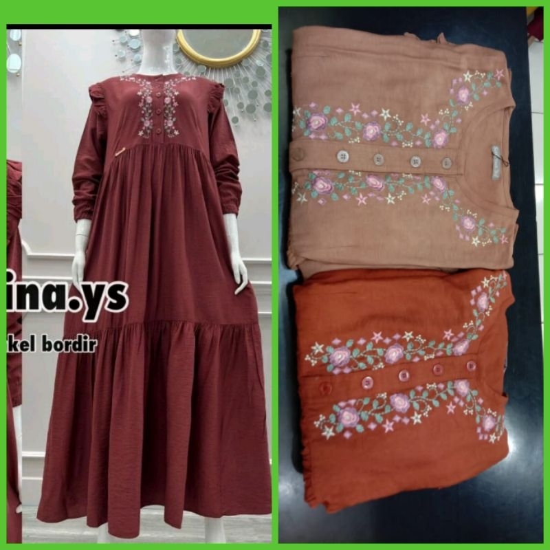 gamis crinkle bordir tabur bawah  premium by salvina original