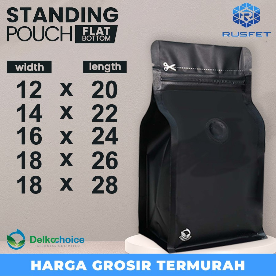 STANDING POUCH HITAM FLAT BOTTOM + VALVE | BUNGKUS KOPI - KEMASAN KOPI