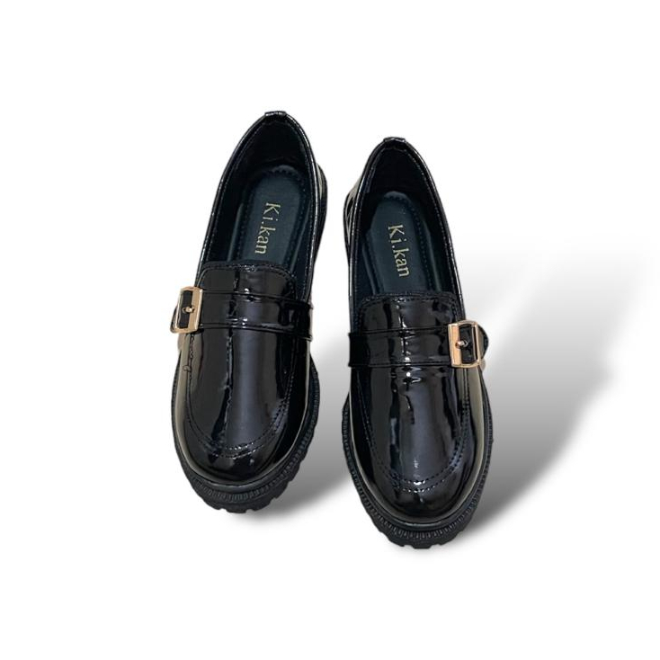 Kikan - Sepatu Docmart Wanita / Loafers Wanita Bahan Mengkilat Variasi Emas Sol Tebal