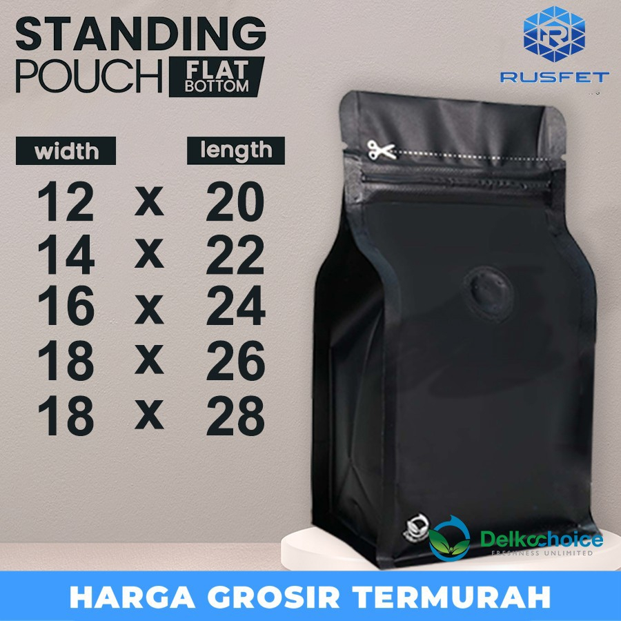 STANDING POUCH HITAM FLAT BOTTOM + VALVE | KEMASAN KOPI - BUNGKUS KOPI