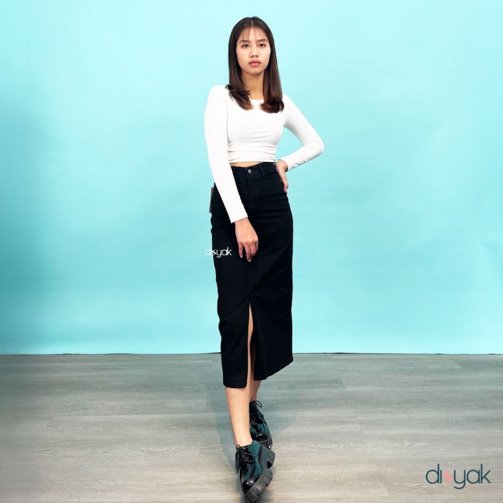 DISYAK - Rok Highwaist Midi Skirt Stretch Jeans Wanita Slit Depan Black 510-610