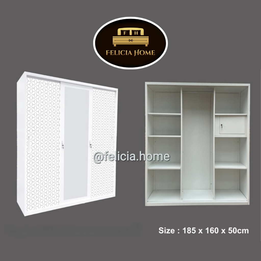 Lemari Pakaian Besi 3 Pintu Jumbo Import Sliding Kaca / Lemari Baju Besi