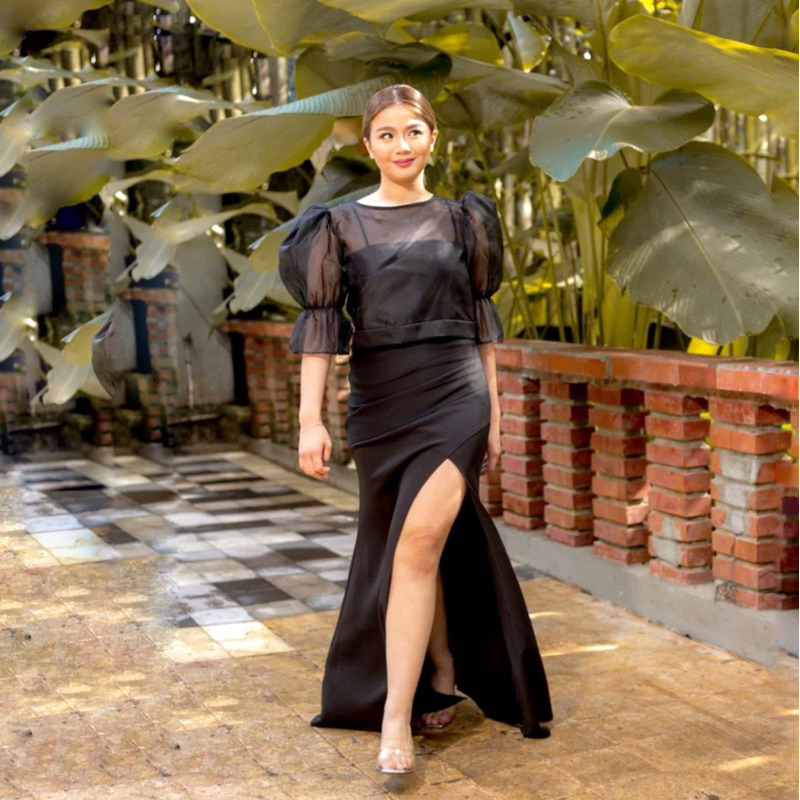 AMARA GOWN - Gaun pesta wanita Maxi slit dress bodycon longdress wrap organza black and white dress 