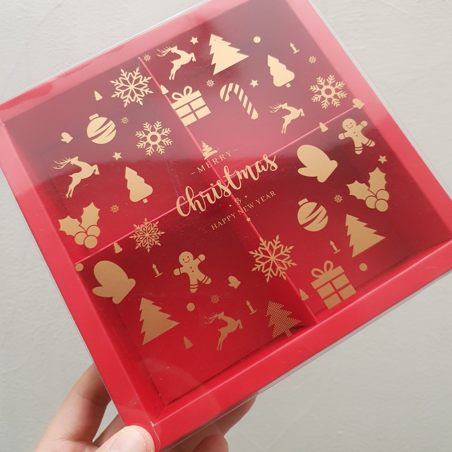 

5 pcs Box Mika Christmas Kotak Kue Eggtart Natal Kardus Kemasan Mini Cake Dus Pie Susu Hampers Packaging Sekat 4 Merah