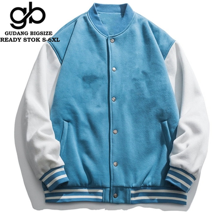 JAKET BOMBER VARSITY BIRU POLOS PUTIH S-6XL JAKET BOMBER VARSITY