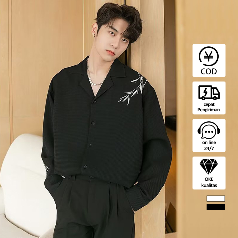 Kemeja Pria hitam Lengan Panjang baju kemeja cowok V Neck kantor original formal kasual Desain bordi