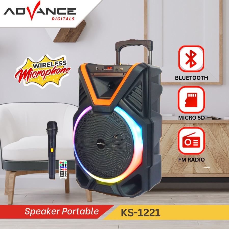 Speaker Bluetooth Portable Advance 12 Inch KS-1221 Bonus Mic Wireless Karaoke Super Bass / Speaker M