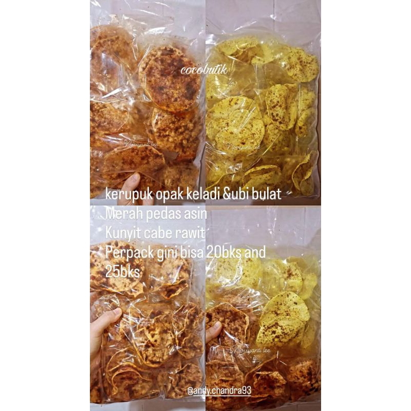 

KERUPUK OPAK BULAT & UBI BULAT MERAH PEDAS ASIN/ KUNYIT CABE RAWIT 20BKS/PACK KHAS SELATPANJANG