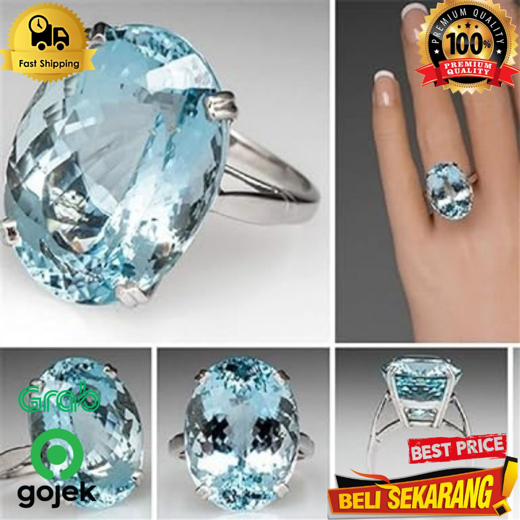 Cincin biru safir emerald wanita bulat besar berlian silver ori ,/ cincin wanita / cincin biru / cin