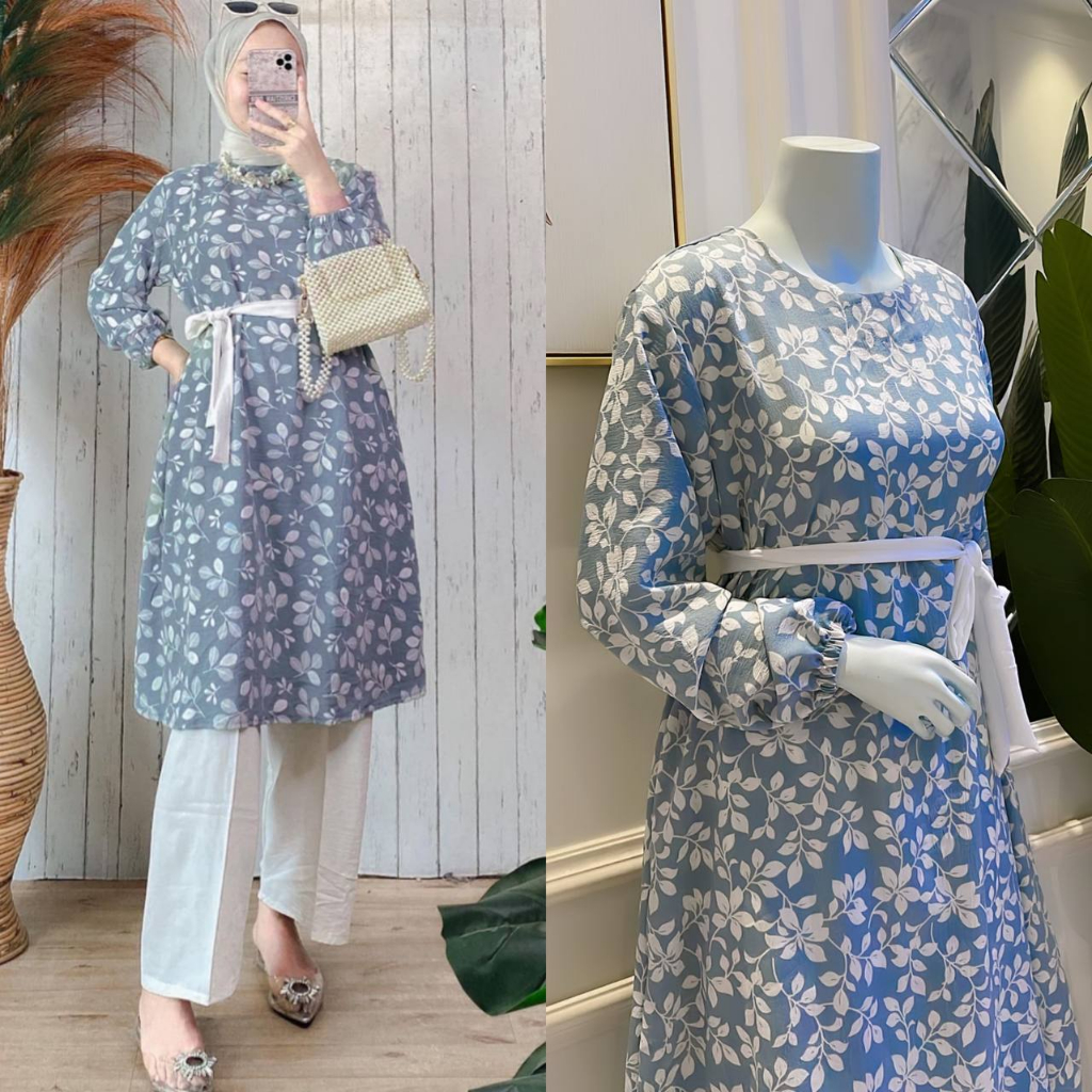 Oneset Setelan Setcel Tunik Loly Crinkle Airflow Celana Semi Kulot Motif Bunga Floral Premium Kekini