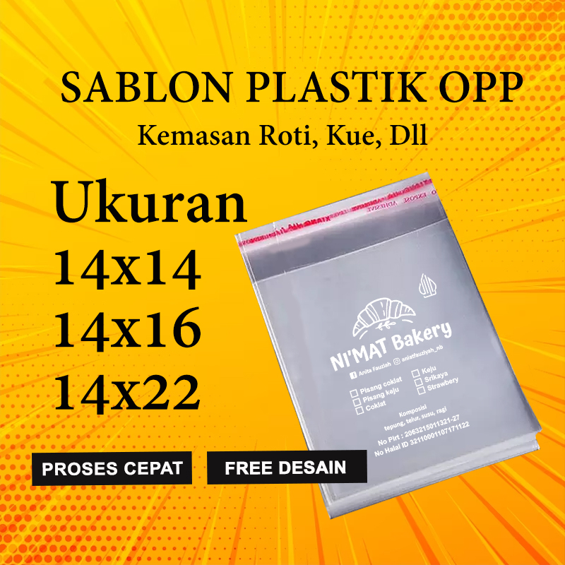Plastik Sablon Opp Roti Kemasan Ukuran 14x14,14x16,14x22 Free Desain