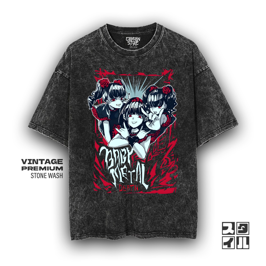Caption'Style Baju Band Baby Metal DEATH Kaos Stonewash | Kaos Oversize Wanita | Kaos Pria | Kaos Ke