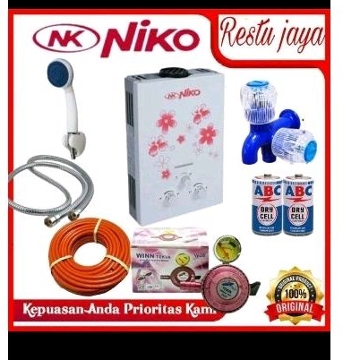 water heater NIKO gas putih komplit set
