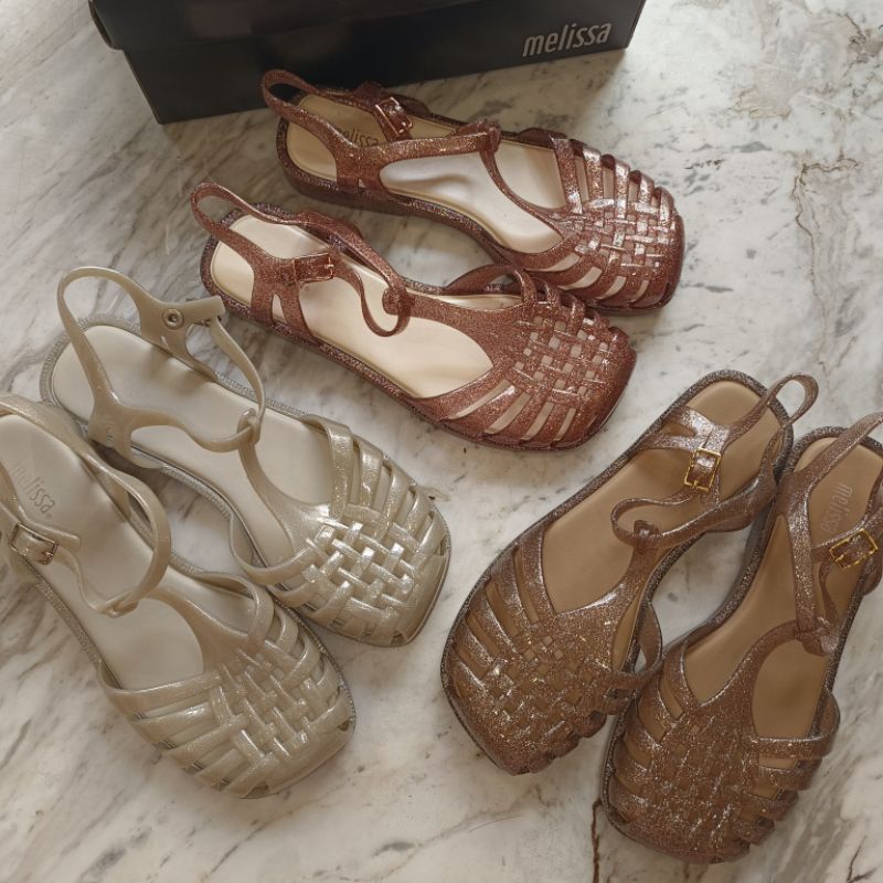 Melissa Aranha Quadrada Jelly Sandals Sepatu Sandal Glitter Anti-slip