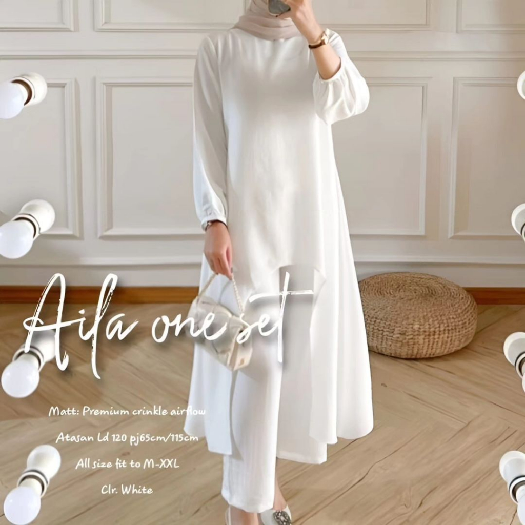 Namera Oneset - Setelan wanita muslim polos jumbo terbaru - Aila one set Putih terlaris bahan crinkl