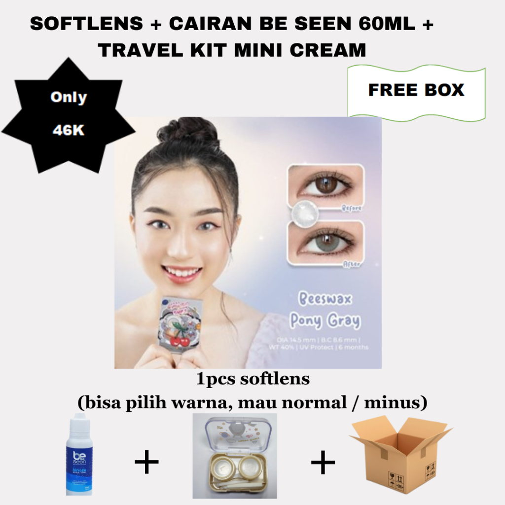 PAKET Softlens BEESWAX  PONY SKY GREY DIA 14.50MM NORMAL + CAIRAN BE SEEN 60ML + KOTAK TRAVEL KIT MI
