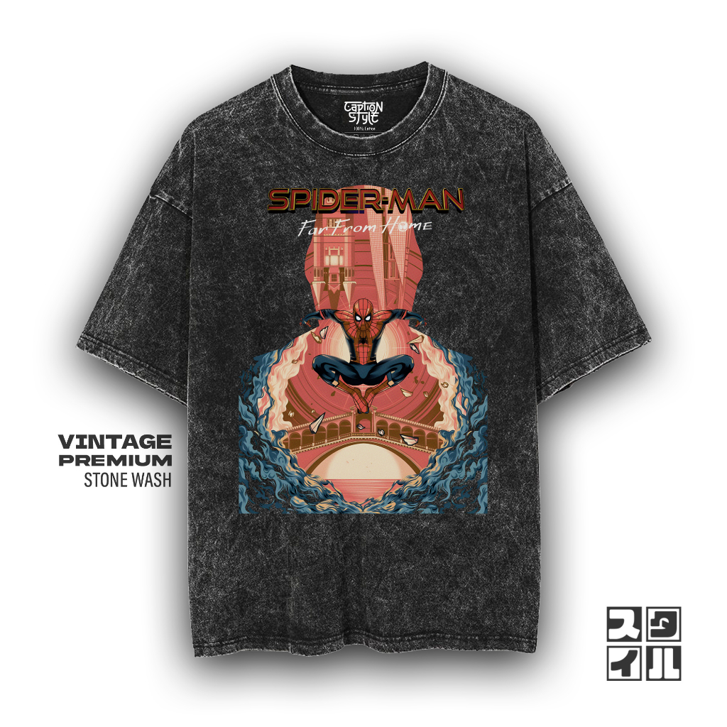 Caption'Style Baju Kartun Spiderman FAR FROM HOME Kaos Stonewash | Kaos Oversize Wanita | Kaos Pria 