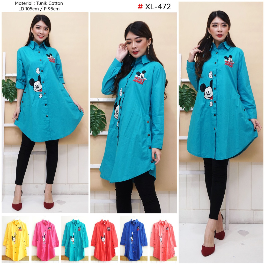 Baju Tunik Wanita Bordir Gambar Mickey Mouse Bahan Katun Ukuran XL