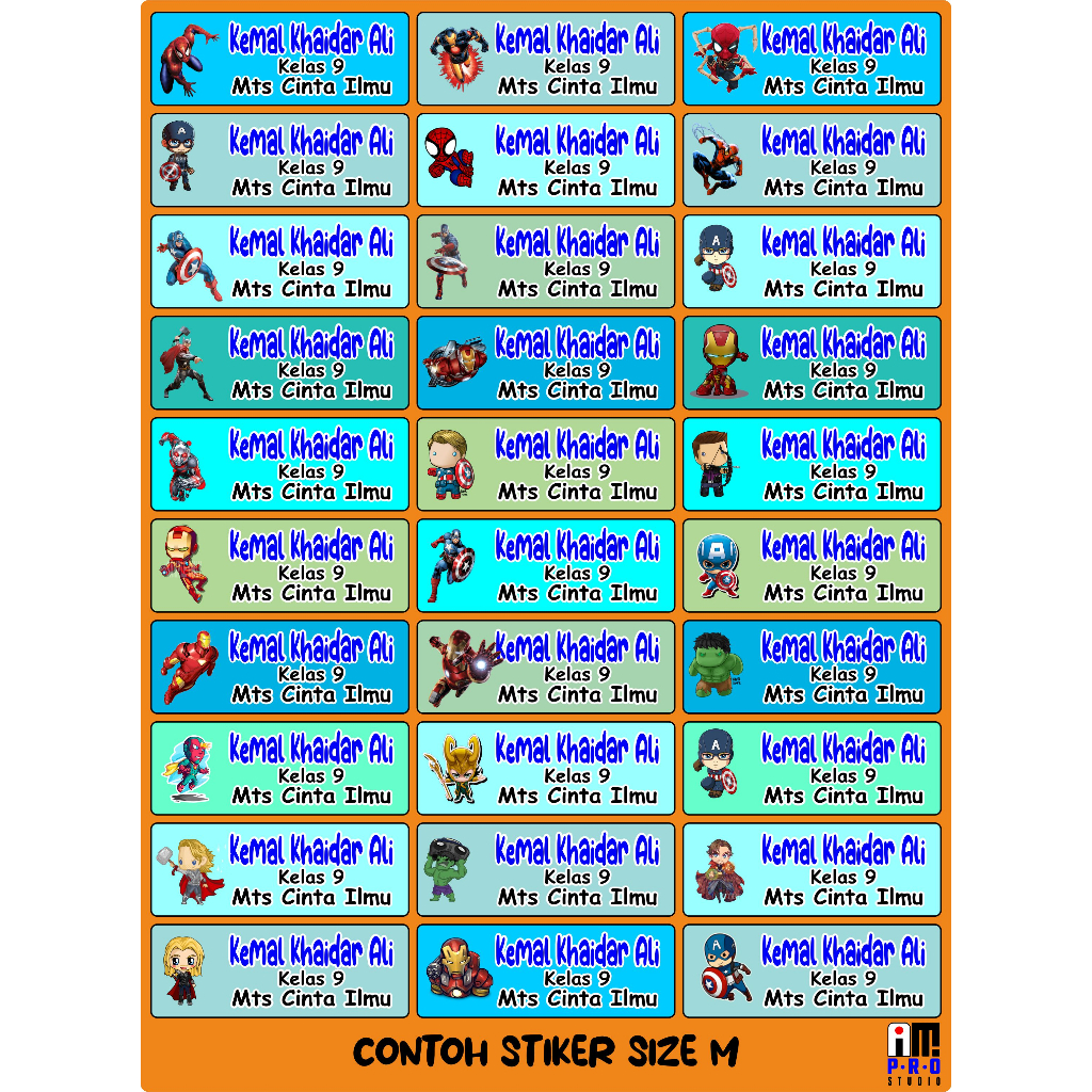 

Stiker label nama karakter SERI MARVEL,SPIDERMAN,IRONMAN,CAPTAIN AMERIKA,HULK,THOR
