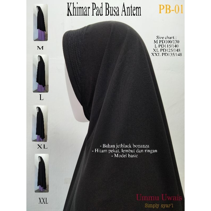 (FREE CADAR TALI / KARET) Khimar /jilbab pad busa antem bahan jetblack Bonanza