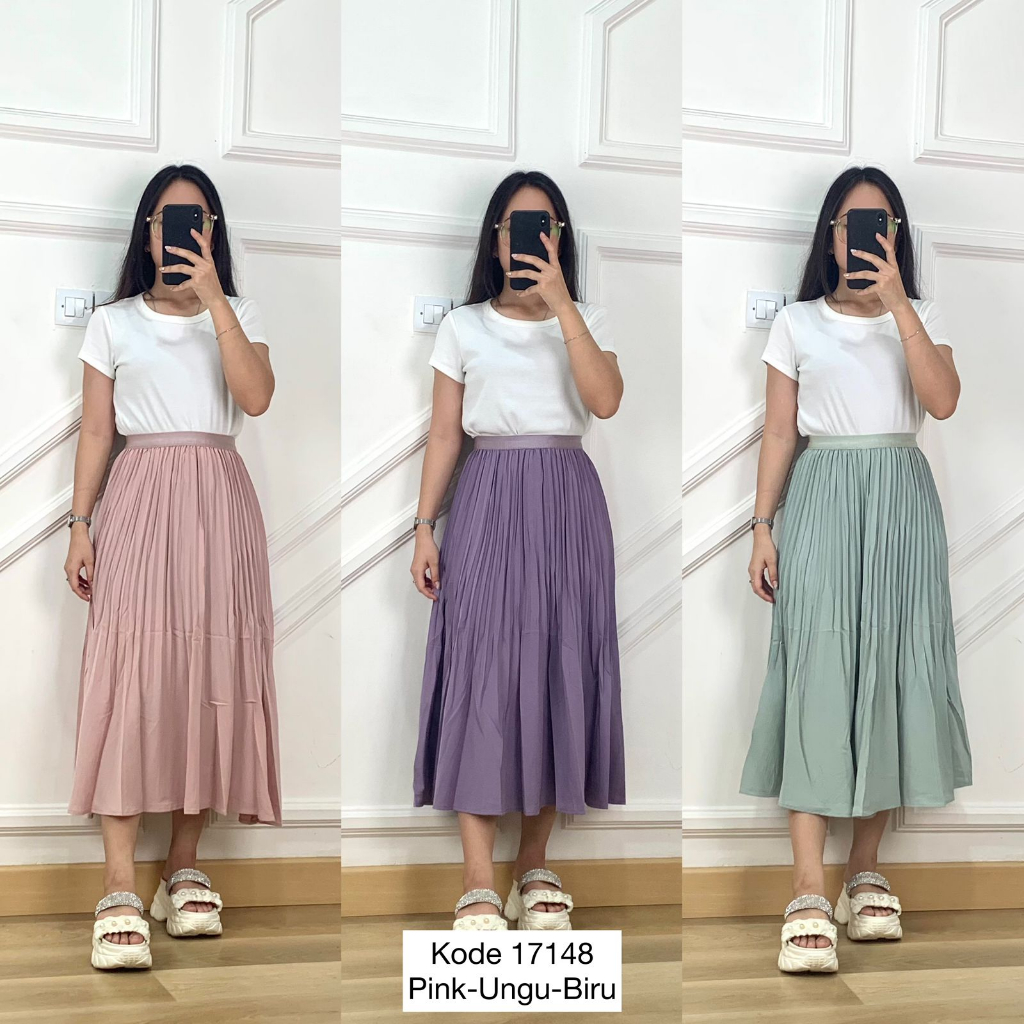 17148 ROK PLISKET 7/8 POLOS PINGGANG FULL KARET KELILING PREMIUM BAWAHAN ROK PLISKET WANITA MODEL RO