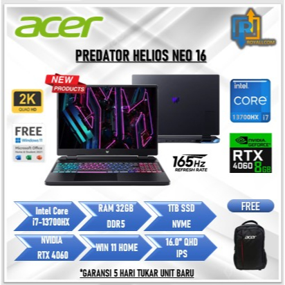 Laptop Gaming acer predator Helios RTX4060 core i7 13700HX 32GB 1TB 16.0 QHD IPS