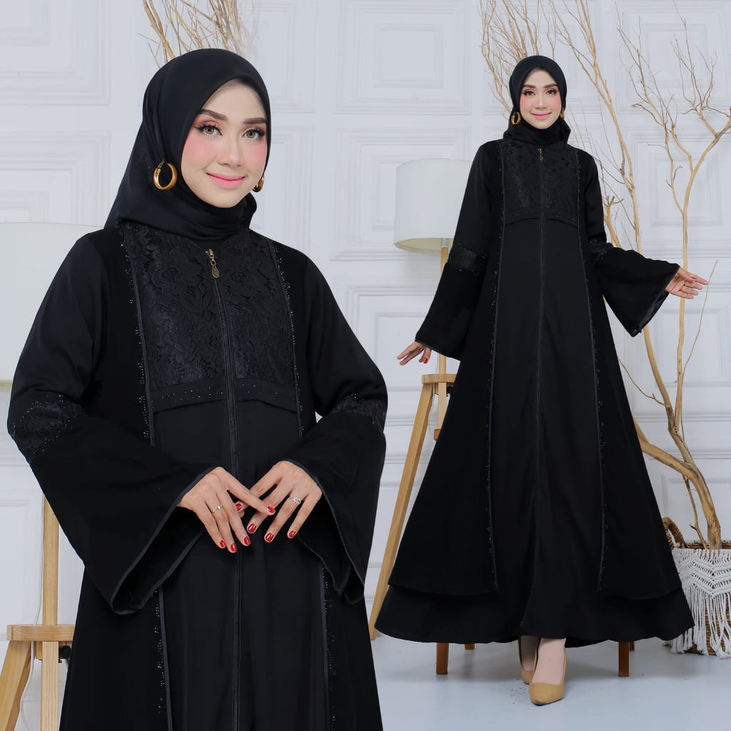 Abaya Hitam Syar'i Dress Muslim Abaya Turki Kombinasi Tile Brukat