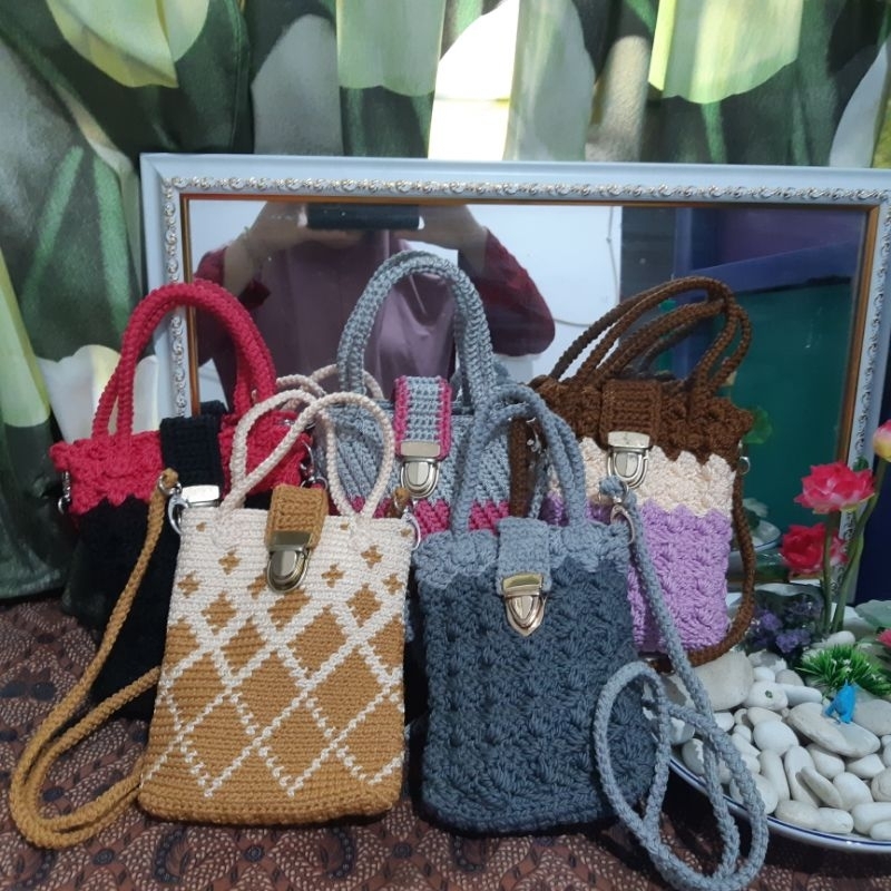 tas rajut premium yang elegan / tas hp rajut motif unik / tas rajut handmade elegan