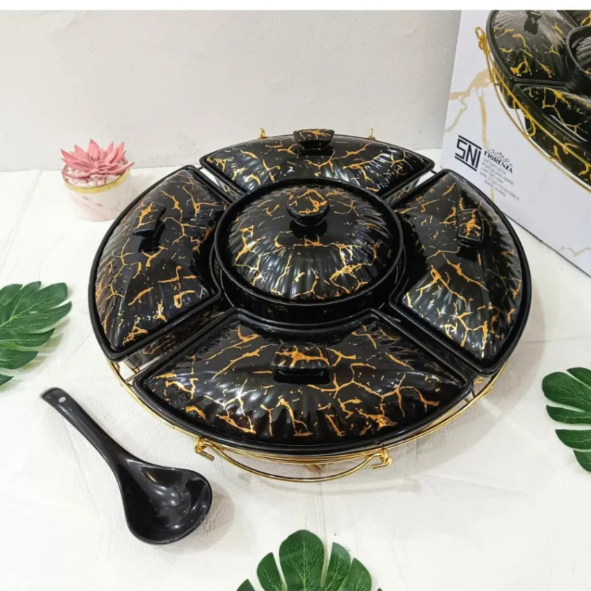 Prasmanan Putar Fiorenza Wadah Saji Keramik Set Marble MH - 772 Hitam