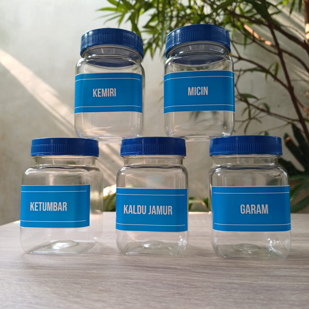 Toples Bumbu Dapur Biru Tutup Bahan Plastik Model Kotak Minimalis 200  ML