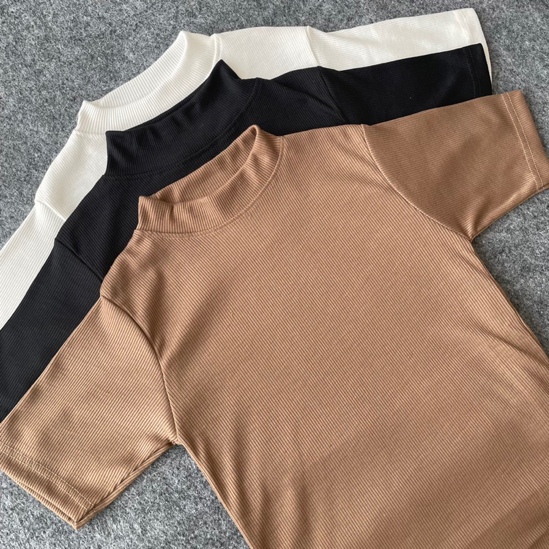 KAOS RIB TURTLE NECK Wanita Lengan Pendek Rajut Wanita Kerah Tinggi / Kaos Trend versi korea / Kaos 