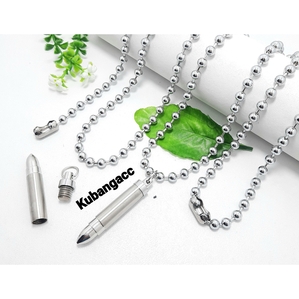 Kalung. Kalung Baja Putih Plus Bandul Peluru Drat Kalung Monel Bola Dim 6MM 75CM Kalung Rantai Pria