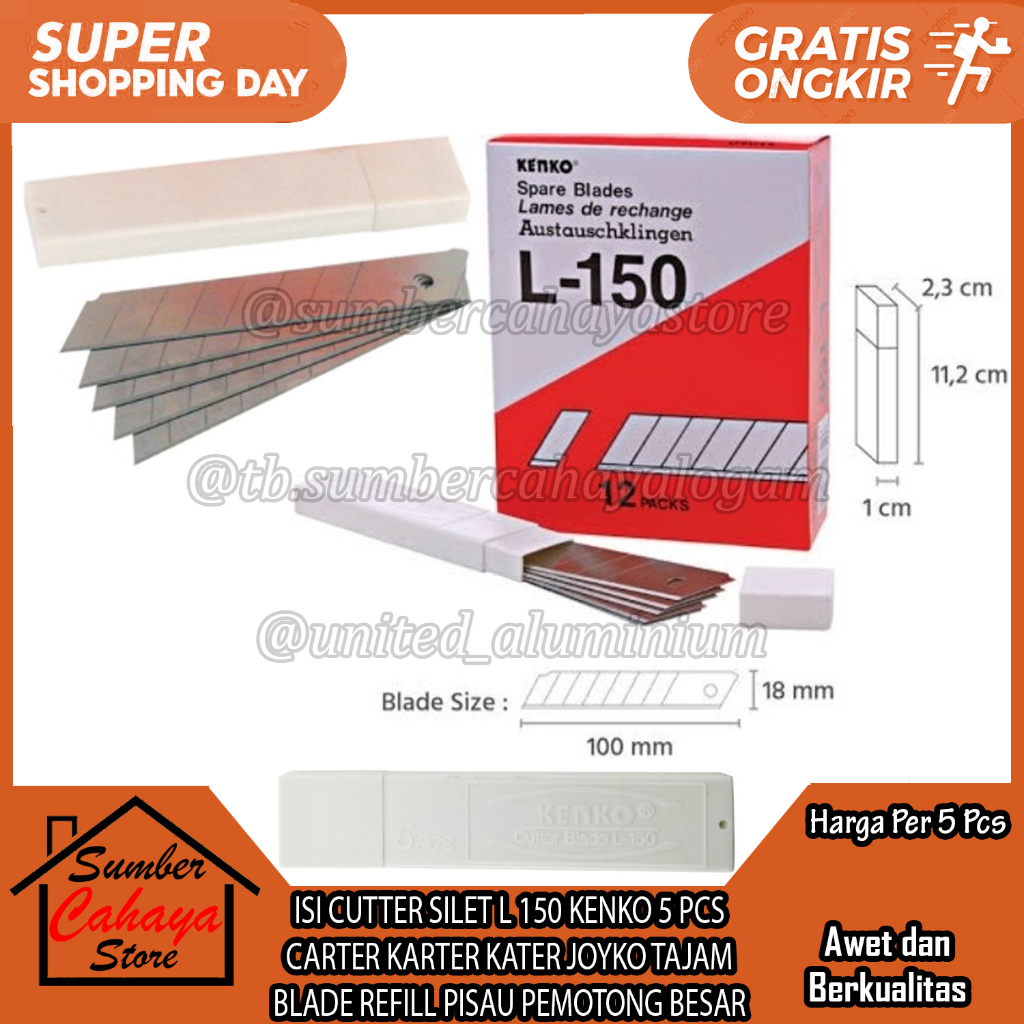 

ISI CUTTER SILET L 150 KENKO 5 PCS CARTER KARTER KATER JOYKO TAJAM BLADE REFILL PISAU PEMOTONG BESAR ANAK KATTER CUTER UNTUK MEMOTONG MENGELUPAS MENETAK KAEL CABEL CABLE MENGIRIS IRIS ISIAN CATER